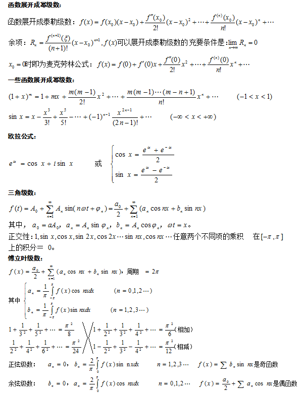 2020年江苏成人高考高等数学（一）重要公式大全